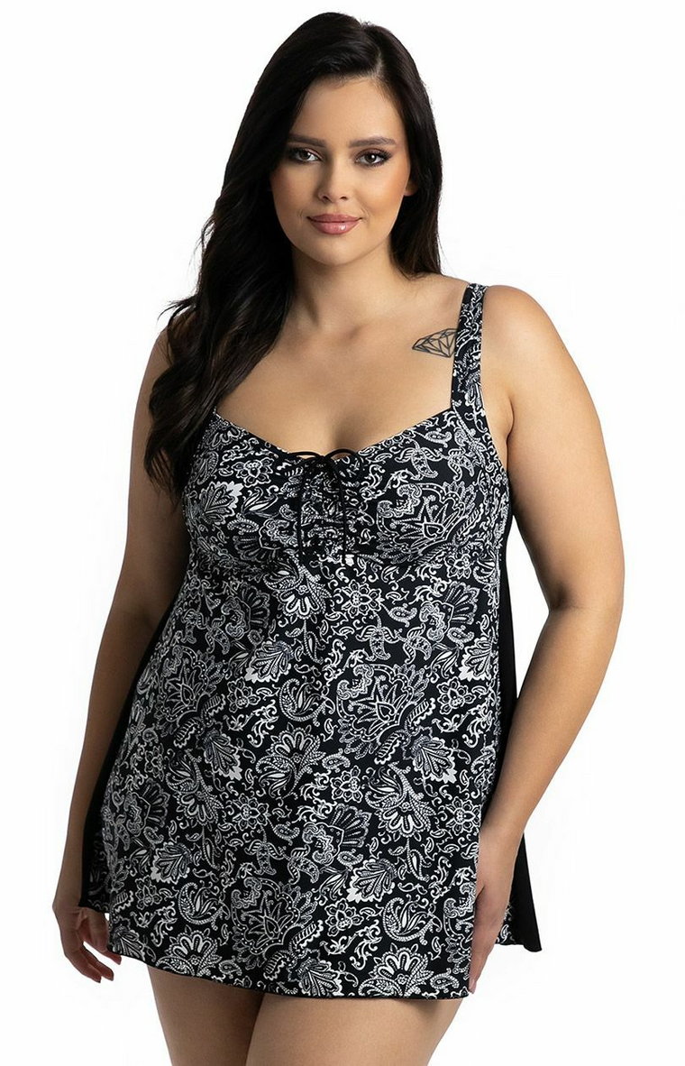 Kostium kąpielowy strój tankini z figami plus size 7/06, Kolor czarny-wzór, Rozmiar XL, Primo