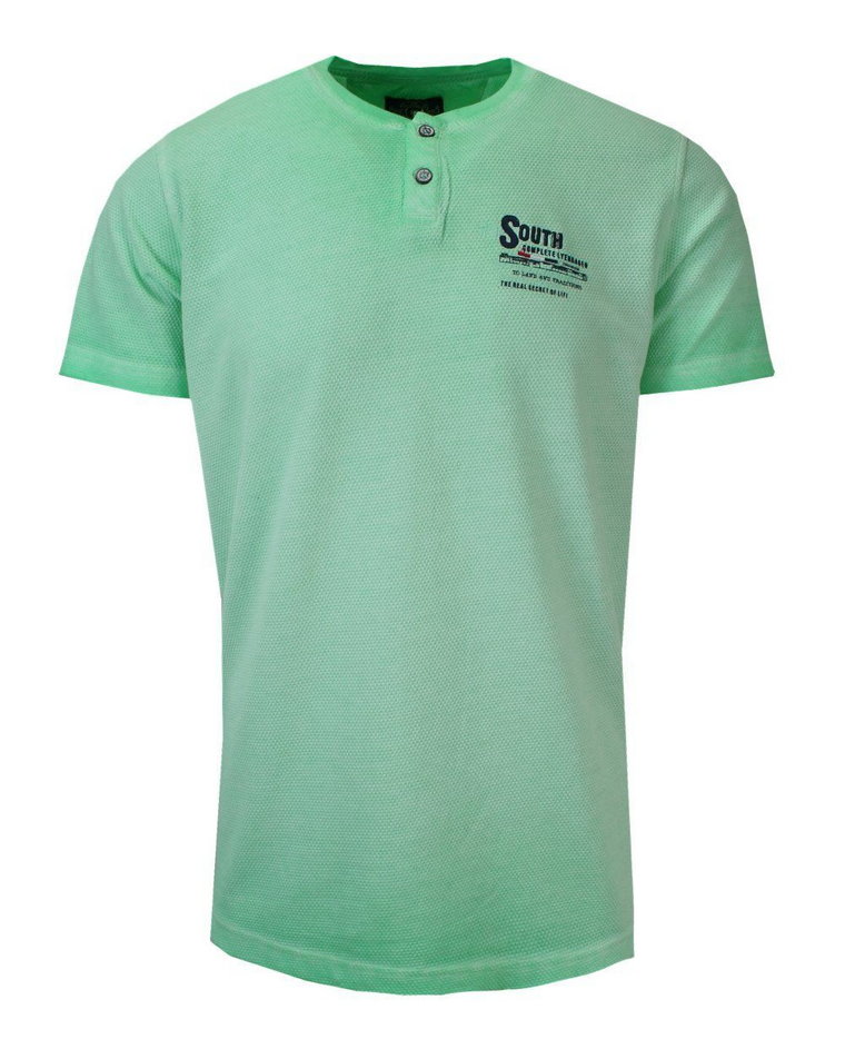 T-Shirt Męski Miętowy, Zielony, Melanżowy z Nadrukiem, Koszulka, Krótki Rękaw, Basic, U-neck
