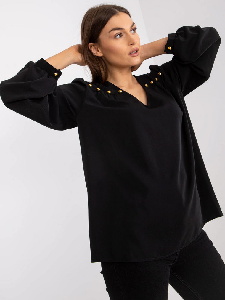 Bluzka wizytowa czarny elegancki elegancka dekolt w kształcie V rękaw długi guziki