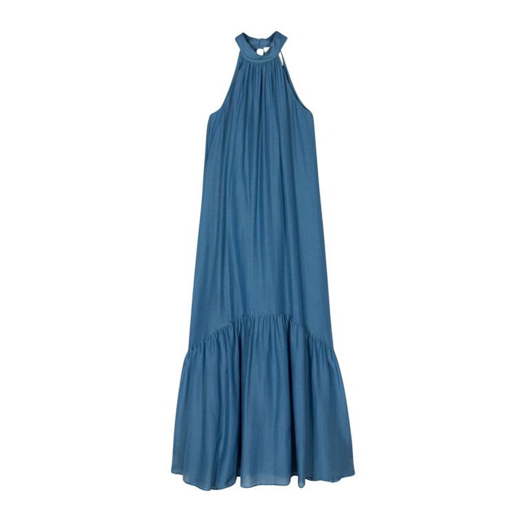 Długa sukienka z amerykańskim dekoltem i marszczonym dołem z muslinu bawełniano-jedwabnego Semicouture