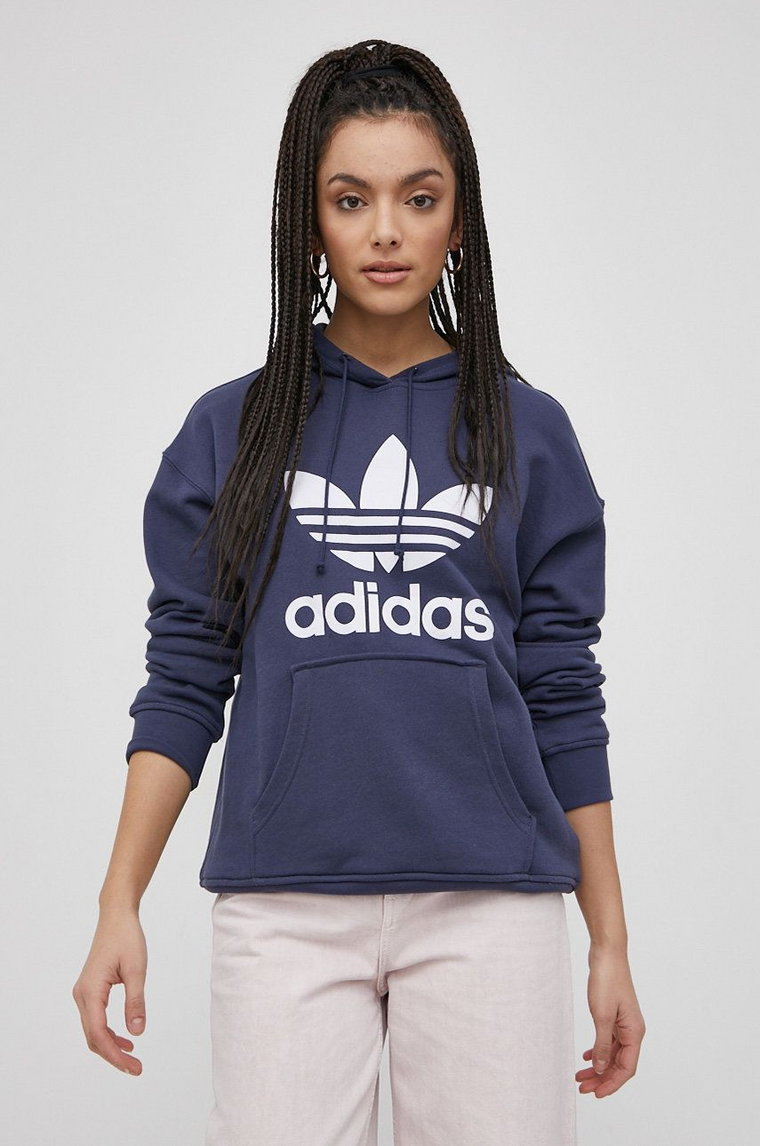 adidas Originals Bluza bawełniana HE6951 damska kolor granatowy z kapturem z nadrukiem HE6951-SHANAV