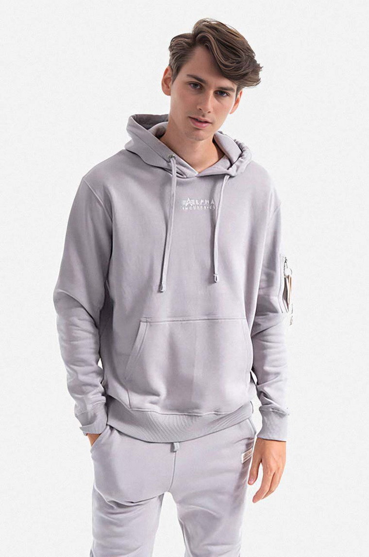 Alpha Industries bluza bawełniana Organics Emb Hoody męska kolor szary z kapturem z aplikacją 118350.643-SZARY