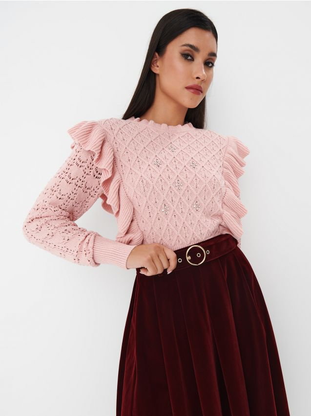 Mohito - Sweter z ozdobnymi falbanami - pastelowy różowy