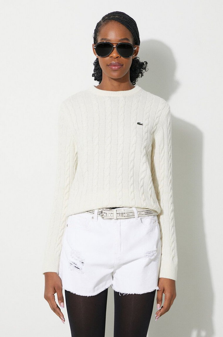 Lacoste sweter wełniany damski kolor beżowy lekki AF0633 L6L