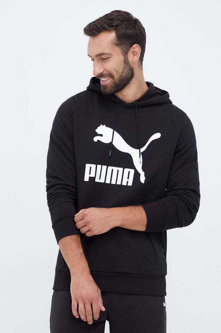 Puma bluza bawełniana męska kolor czarny z kapturem z nadrukiem