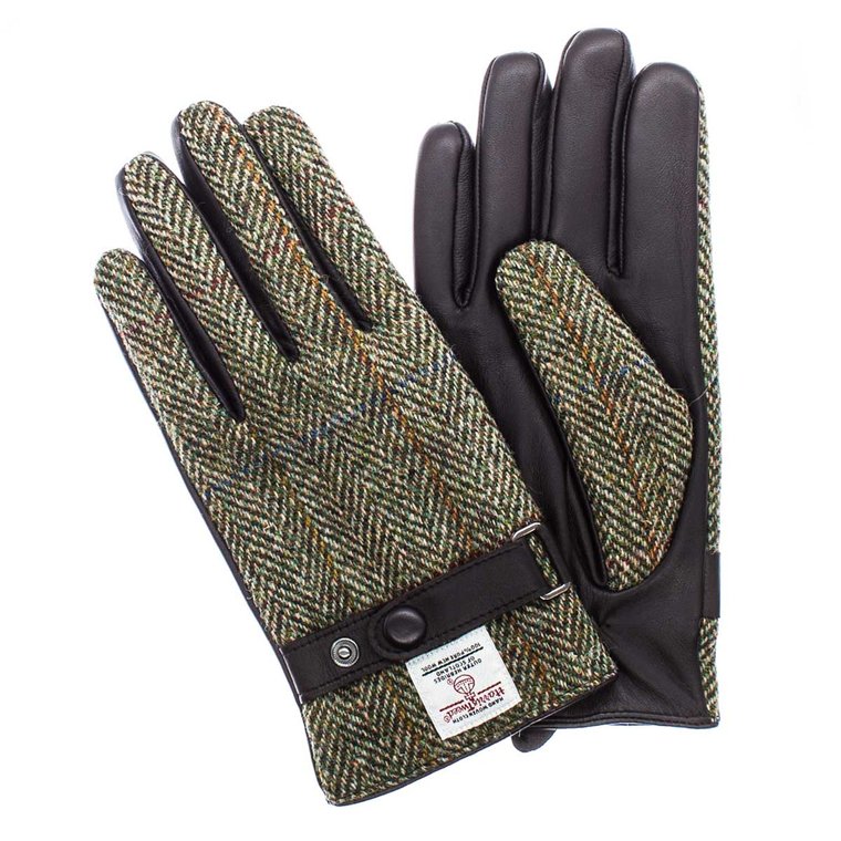 Rękawiczki wykonane ze skóry owczej i wełny Harris Tweed w kolorze khaki / brązowym w jodełkę z touch screen EM