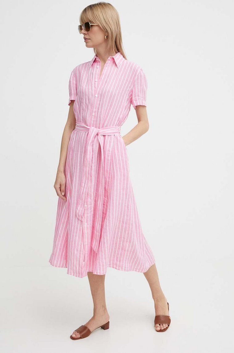 Polo Ralph Lauren sukienka lniana kolor różowy midi prosta 211935154