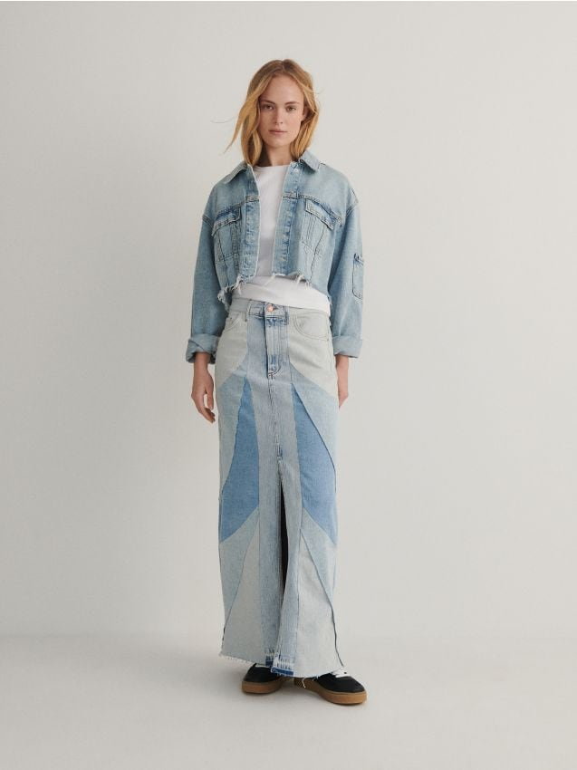 Reserved - Jeansowa spódnica z łączonego denimu - niebieski