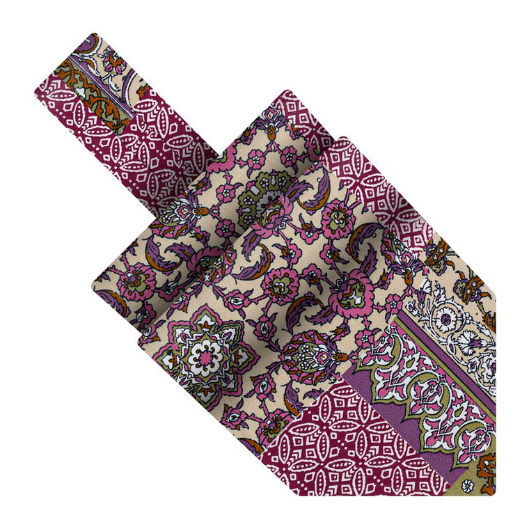 Fular bawełniany beżowy w fioletowe wzory patchwork EM