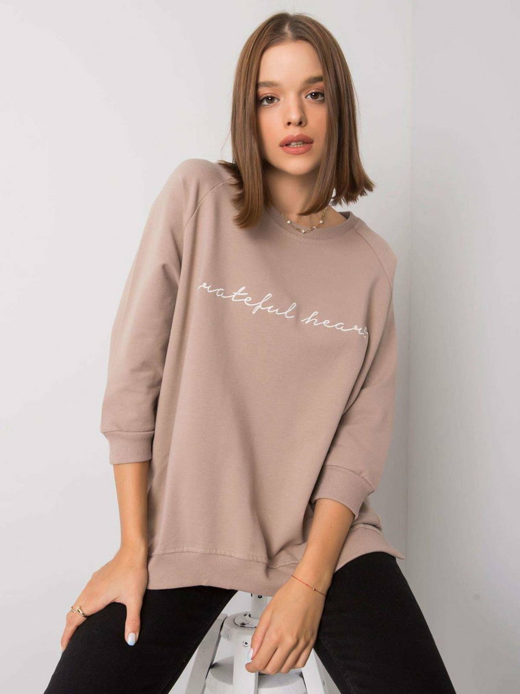 Bluza bez kaptura ciemny bezowy casual dekolt okrągły rękaw 3/4