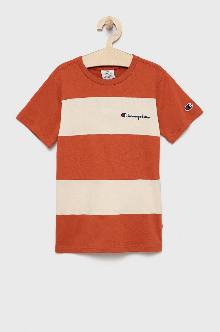 Champion t-shirt bawełniany dziecięcy 305959 kolor pomarańczowy z aplikacją