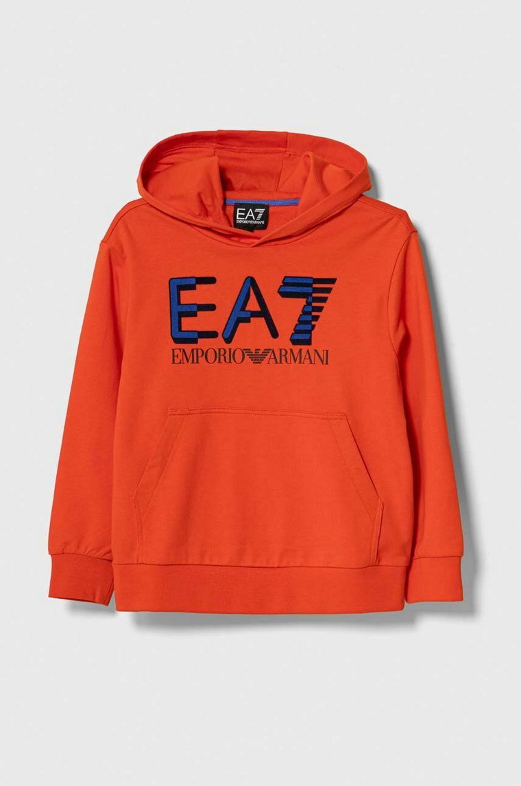 EA7 Emporio Armani bluza bawełniana dziecięca kolor pomarańczowy z kapturem z nadrukiem