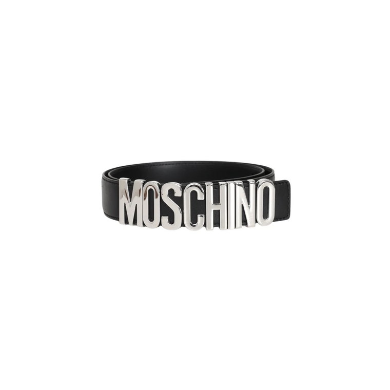 Czarny pasek z srebrnym logo Moschino