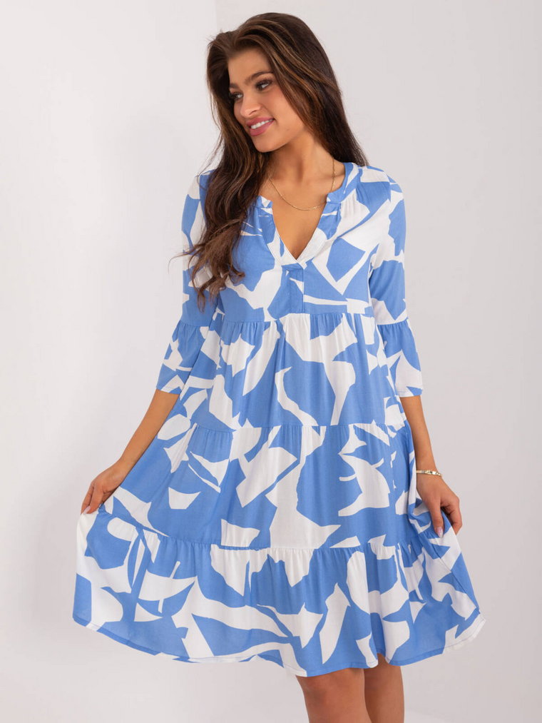Sukienka z printem niebieski dekolt stójka w kształcie V rękaw 3/4 długość midi falbana odzież ekologiczna