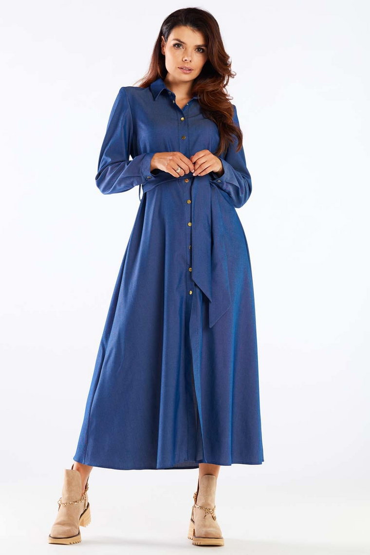 Długa Koszulowa Sukienka z Paskiem - Niebieska
