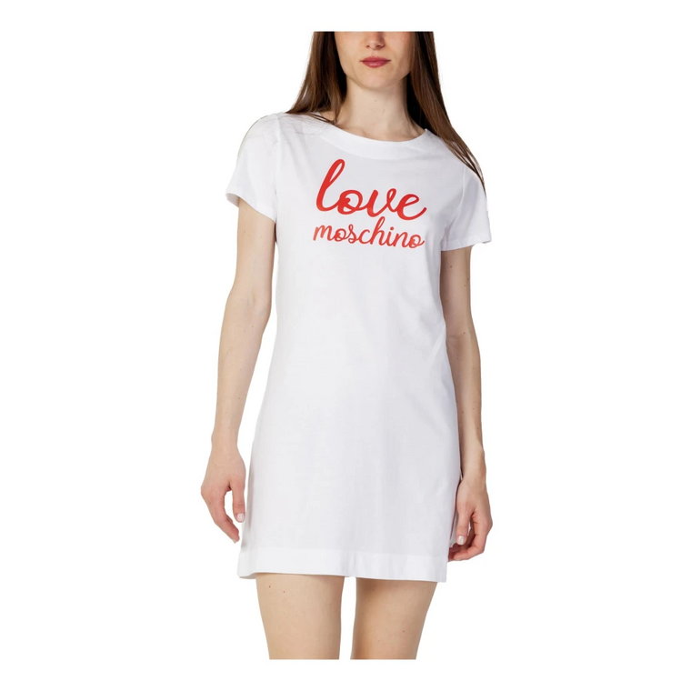 Biała Sukienka z Krótkimi Rękawami Love Moschino