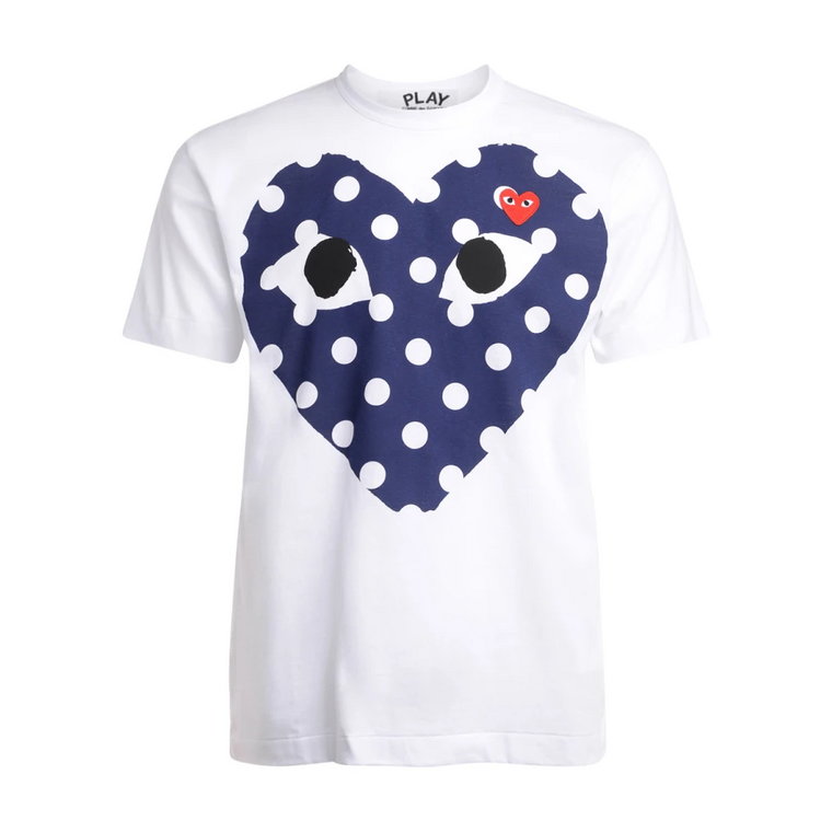 Biała męska koszulka z niebieskim sercem w kropki Comme des Garçons Play