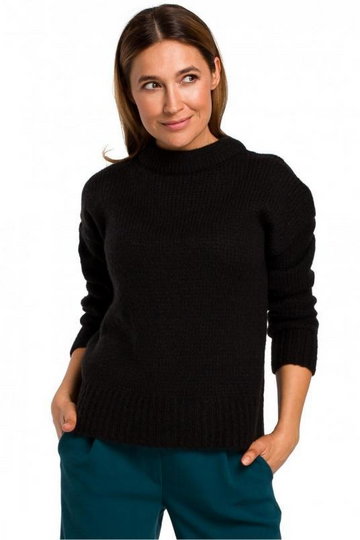 Sweter damski wełniany ciepły krótki z okrągłym dekoltem czarny