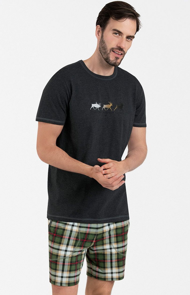 Piżama męska w kratę na krótki rękaw i z krótką nogawką grafitowa Seward, Kolor grafitowy-wzór, Rozmiar XL, Italian Fashion