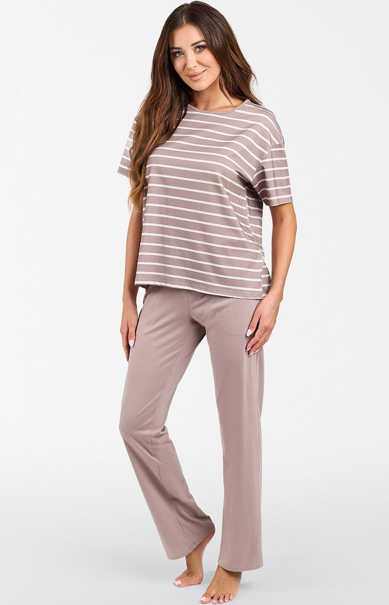 Bawełniana piżama damska cappuccino w paski Betty, Kolor cappuccino, Rozmiar XL, Italian Fashion