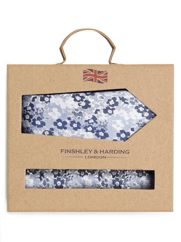Finshley & Harding London - Krawat męski i poszetka z jedwabiu, niebieski