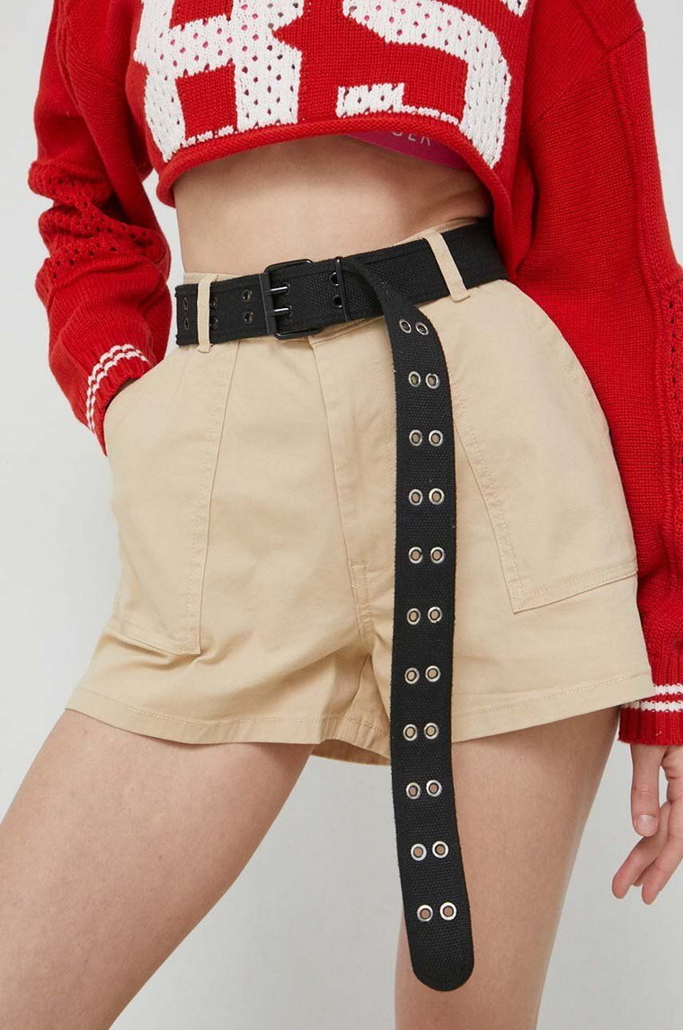 Tommy Jeans szorty damskie kolor beżowy gładkie high waist