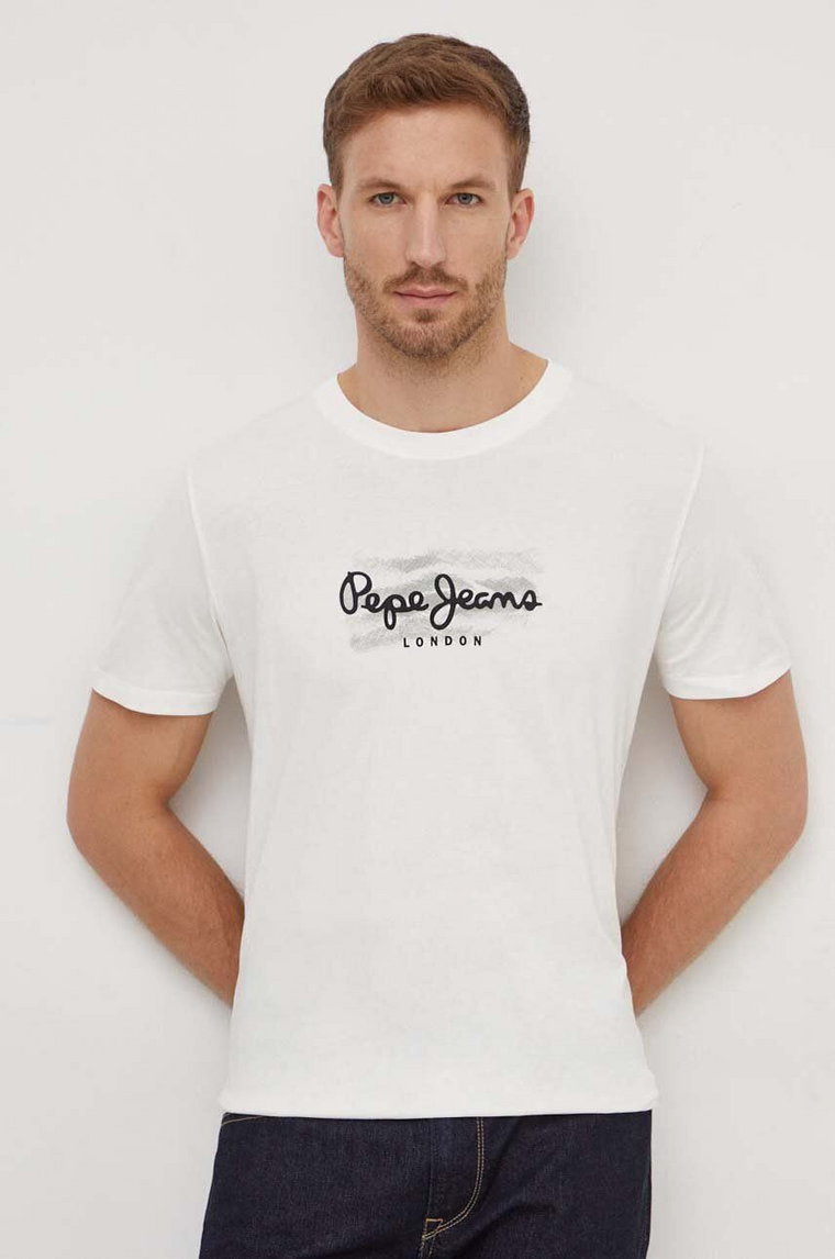 Pepe Jeans t-shirt bawełniany Castle męski kolor beżowy z nadrukiem