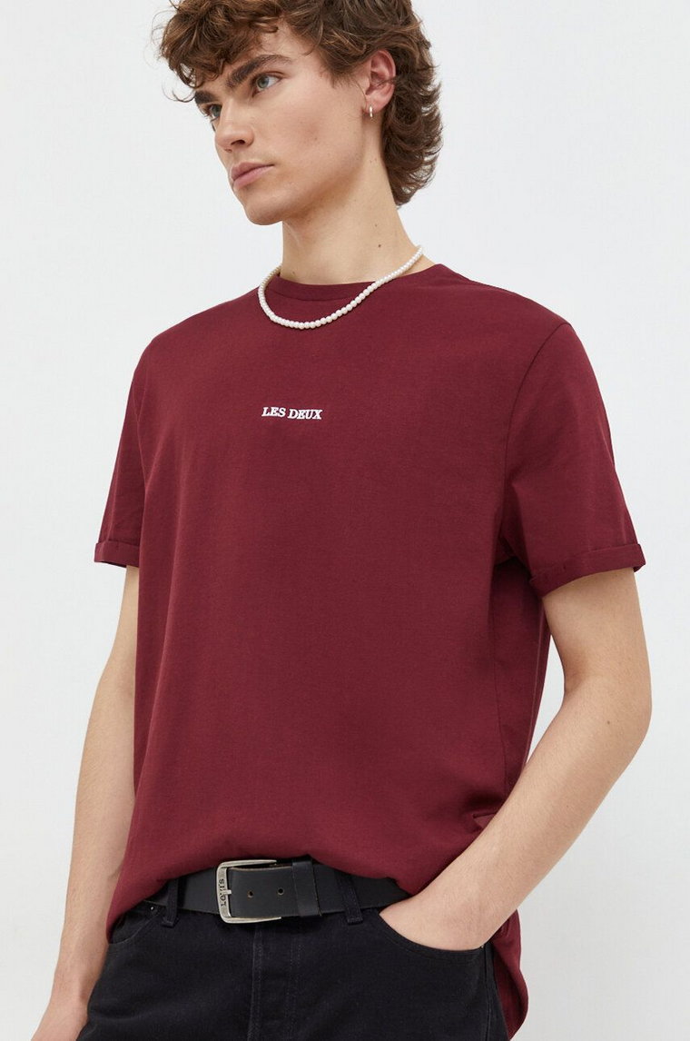 Les Deux t-shirt bawełniany męski kolor bordowy z nadrukiem