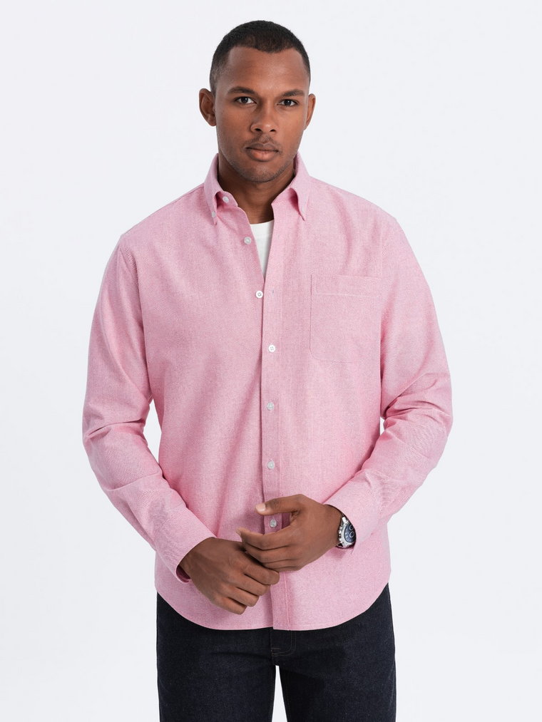Koszula męska z tkaniny w stylu Oxford REGULAR - różowa V3 OM-SHOS-0108