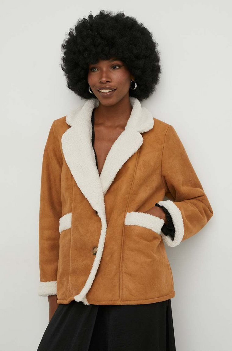 Answear Lab kurtka z wełną kolor brązowy przejściowa oversize
