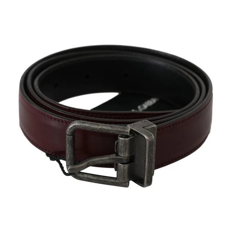 Men Bordeaux Leather Belt with Gray Brushed Buckle Dolce & Gabbana