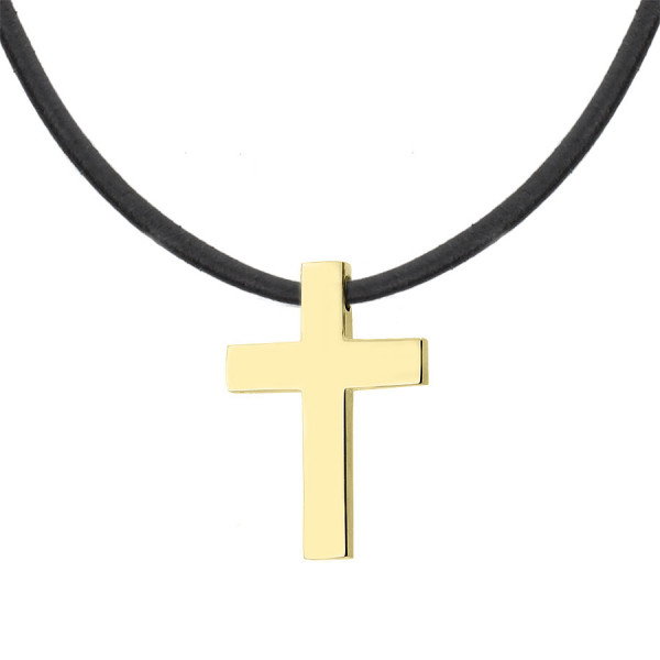 Elegancki naszyjnik z krzyżykiem  złoty krzyż ze stali szlachetnej na czarnym rzemieniu