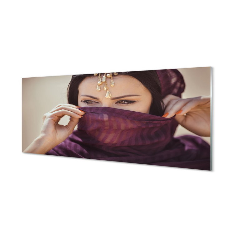 Szklany panel Kobieta fioletowy materiał 125x50 cm