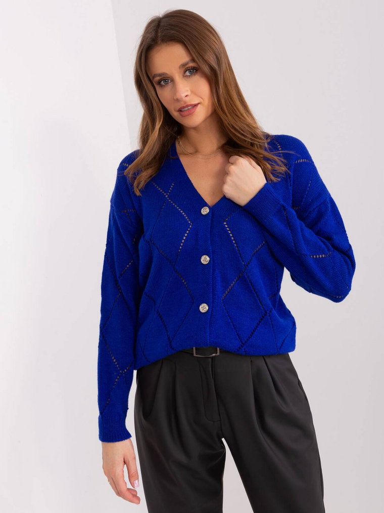 Sweter rozpinany kobaltowy casual ażurowy dekolt w kształcie V rękaw długi