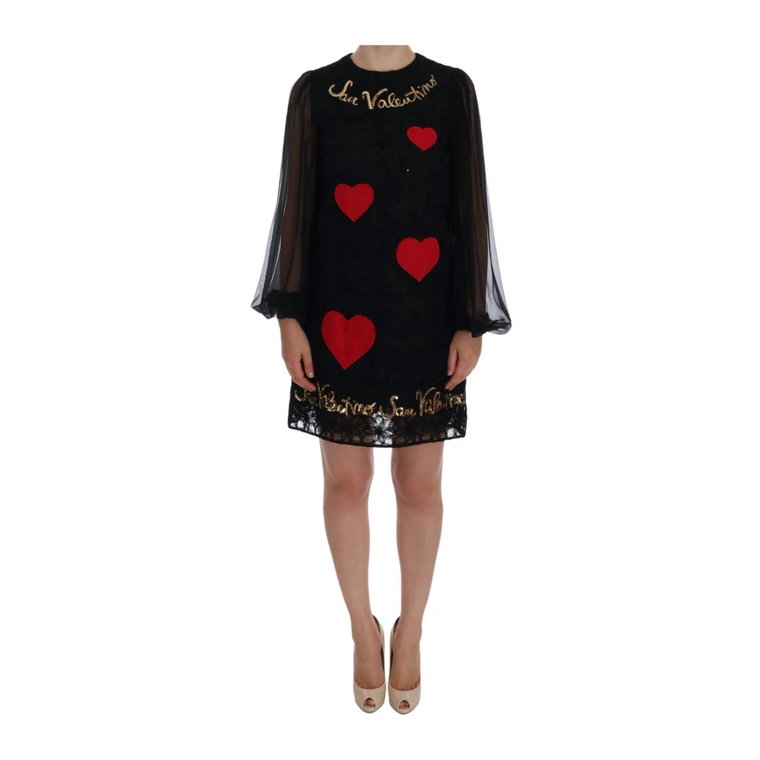 Czarna koronkowa sukienka z czerwonym sercem Dolce & Gabbana