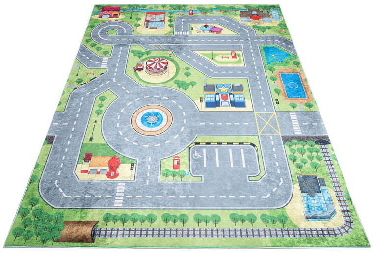 Zielono-kolorowy dywan z ulicami dla dzieci - Kazo 6X