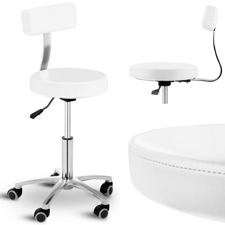 Emaga Krzesło taboret hoker kosmetyczny z oparciem na kółkach do 150 kg TERNI biały