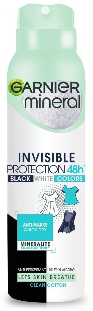 Garnier, Mineral Invisible Protection, Dezodorant spray 48h Clean Cotton Black White Colors, 150 ml