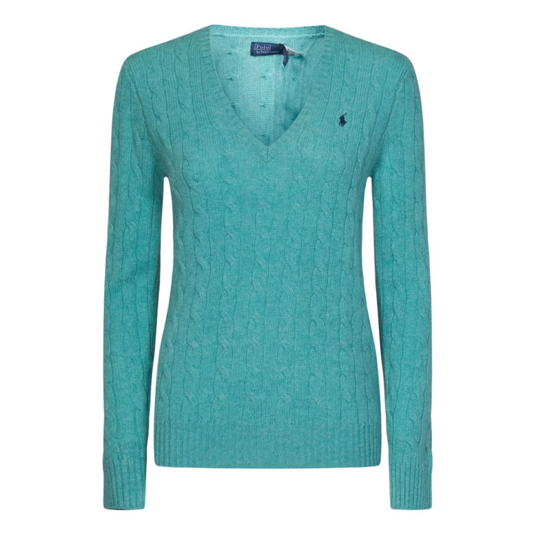 Zielony sweter z splotem kablowym i niebieskim haftem kucyka Polo Ralph Lauren