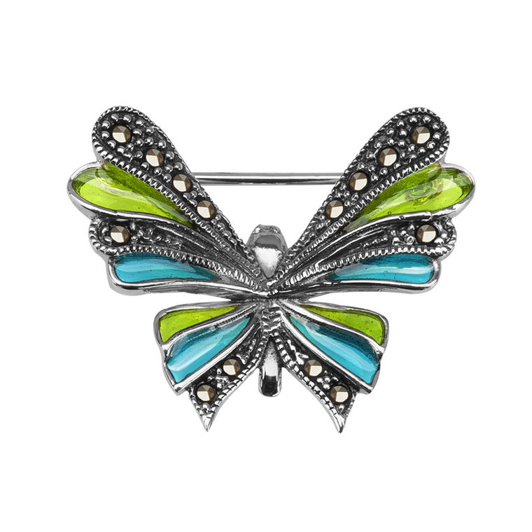 Srebrna broszka z markazytami pokryta kolorową emalią - motyl - Markazyty