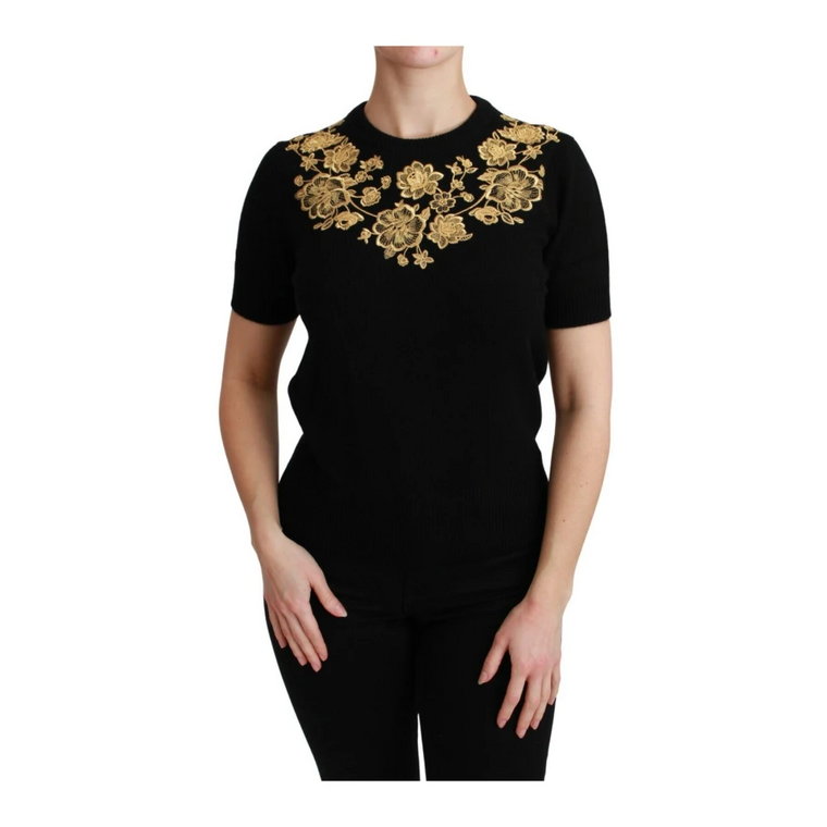 Czarny Sweter z Kaszmiru z Złotymi Kwiatami Dolce & Gabbana
