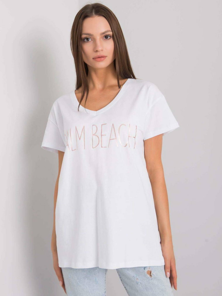 T-shirt jednokolorowy biały dekolt w kształcie V rękaw krótki