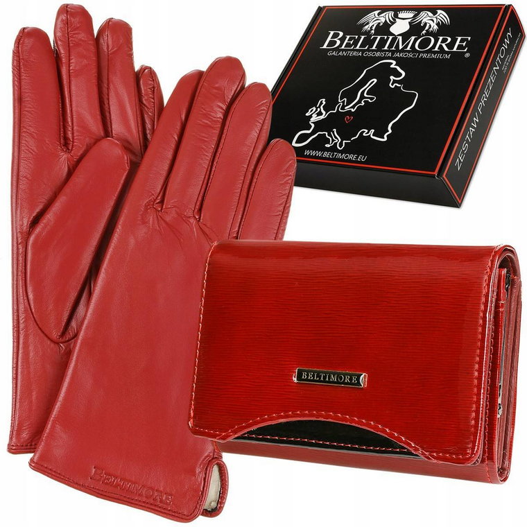 Skórzany portfel rękawiczki damskie zestaw prezent czerwony