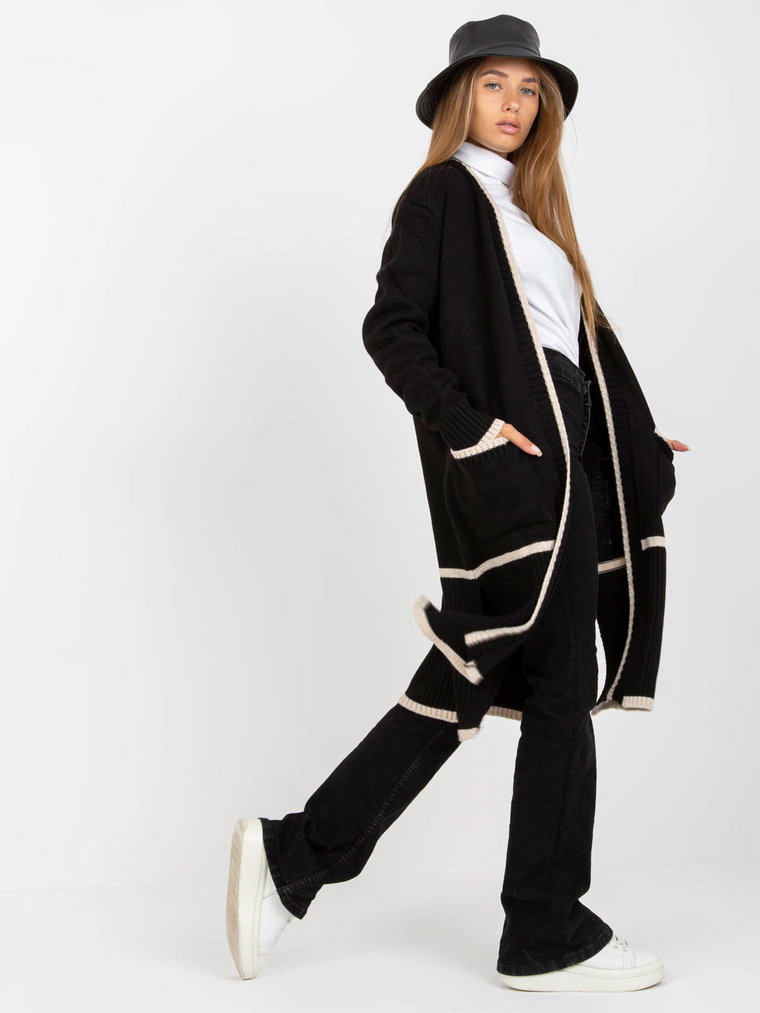 Sweter kardigan czarny casual narzutka rękaw długi długość długa kieszenie