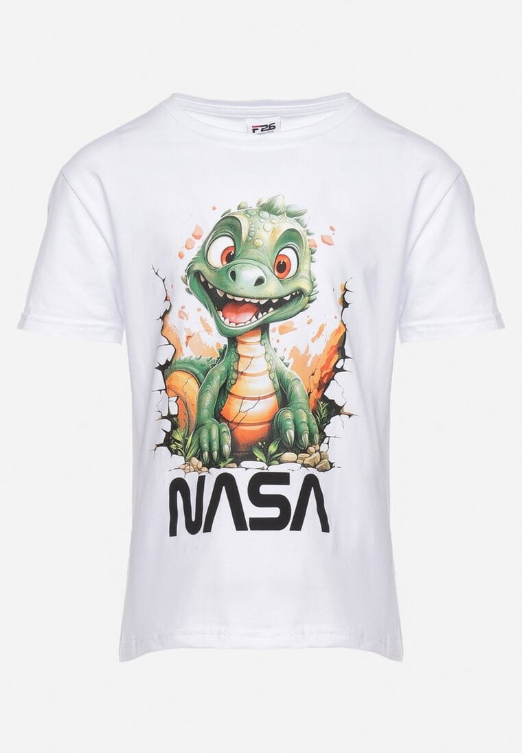 Biała Bawełniana Koszulka T-shirt z Nadrukiem Dinozaura Ugnalia