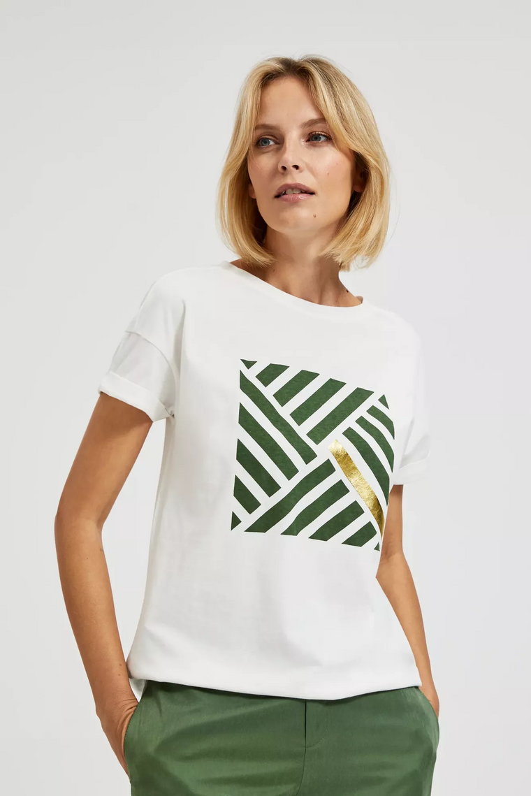 T-shirt z geometrycznym wzorem i okrągłym dekoltem biały