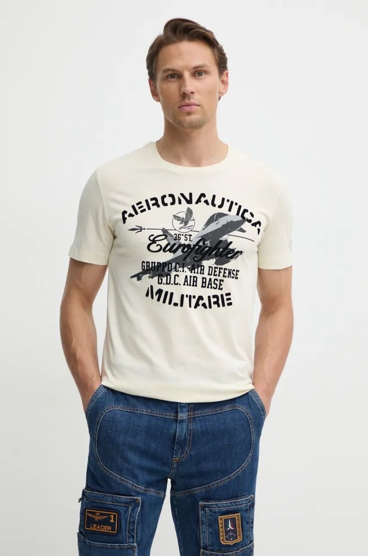 Aeronautica Militare t-shirt bawełniany męski kolor beżowy z nadrukiem TS2343J634