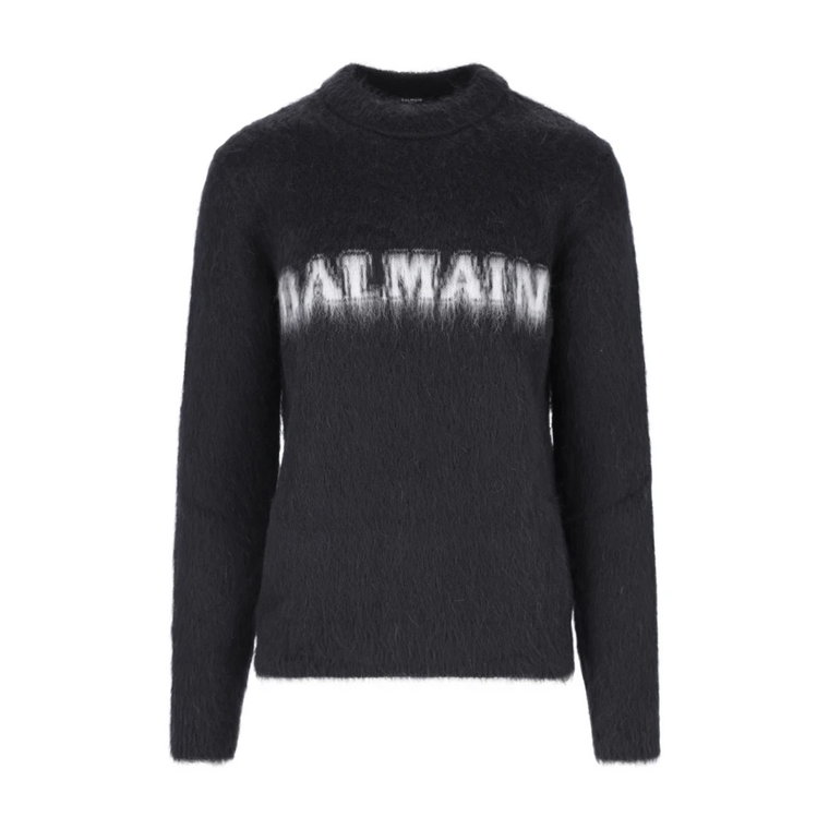 Czarny Sweter Mohair z Białym Logo Balmain