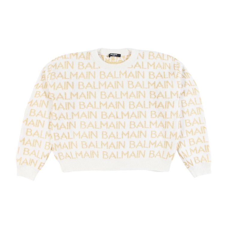 Krój Oversize Sweter z Wełnianym Mieszanką i Złotymi Logotypami Balmain