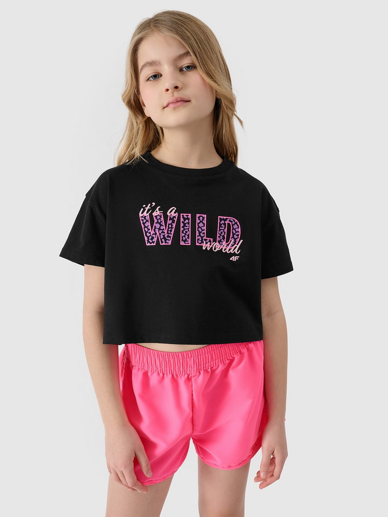 T-shirt crop-top z nadrukiem dziewczęcy - czarny